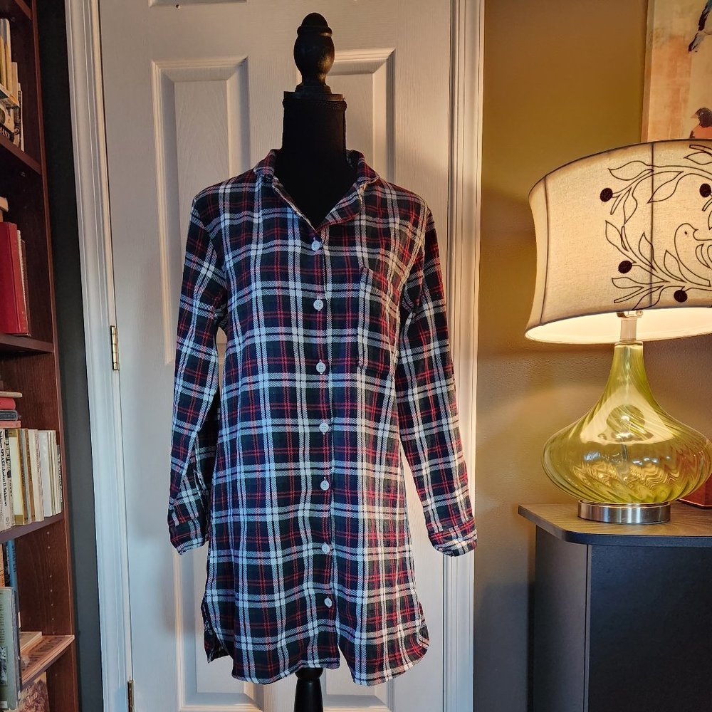 Green, Blue, and Red Plaid Flannel Sleepshirt, Size Medium